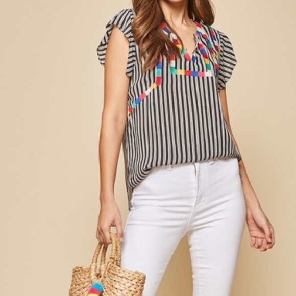 Tops - NWT Embroidered Bib Striped Flutter Sleeve Top